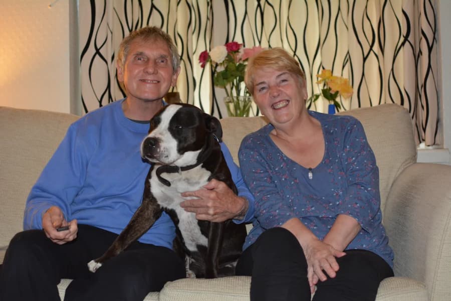 A home boarding couple sitting with a black and white dog