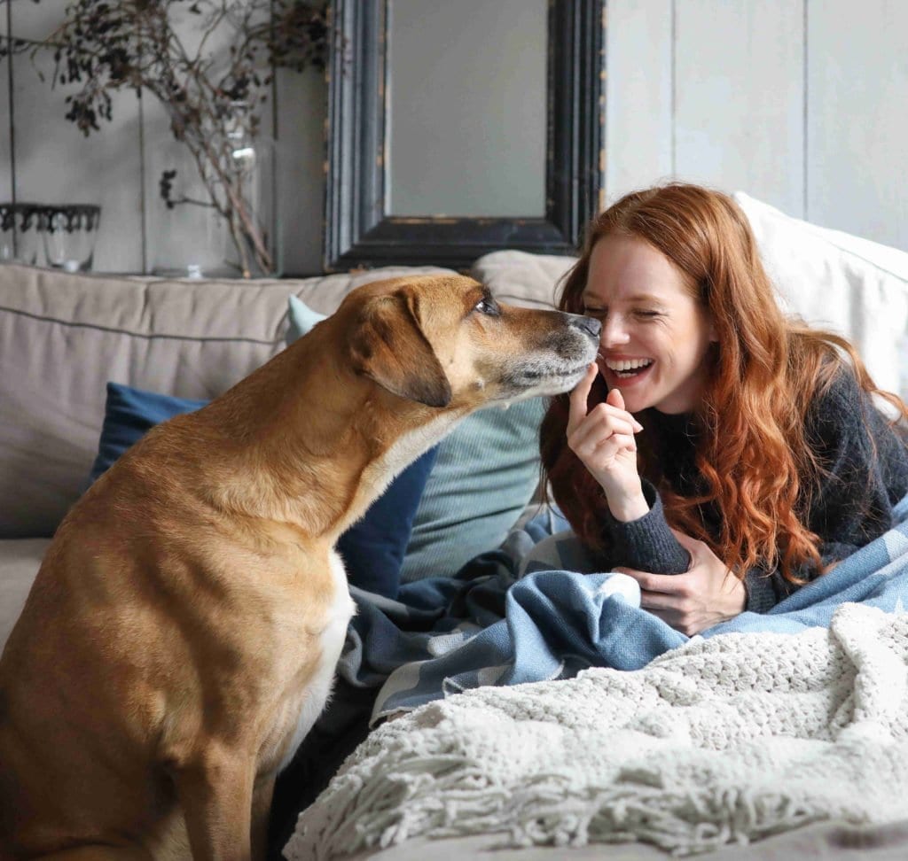 A woman sharing a cosy moment with a dog on the sofa