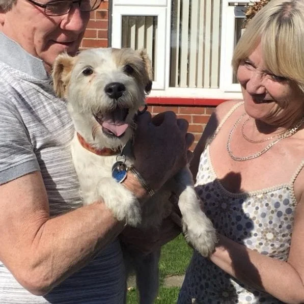 A smiling couple holding a happy terrier in their garden