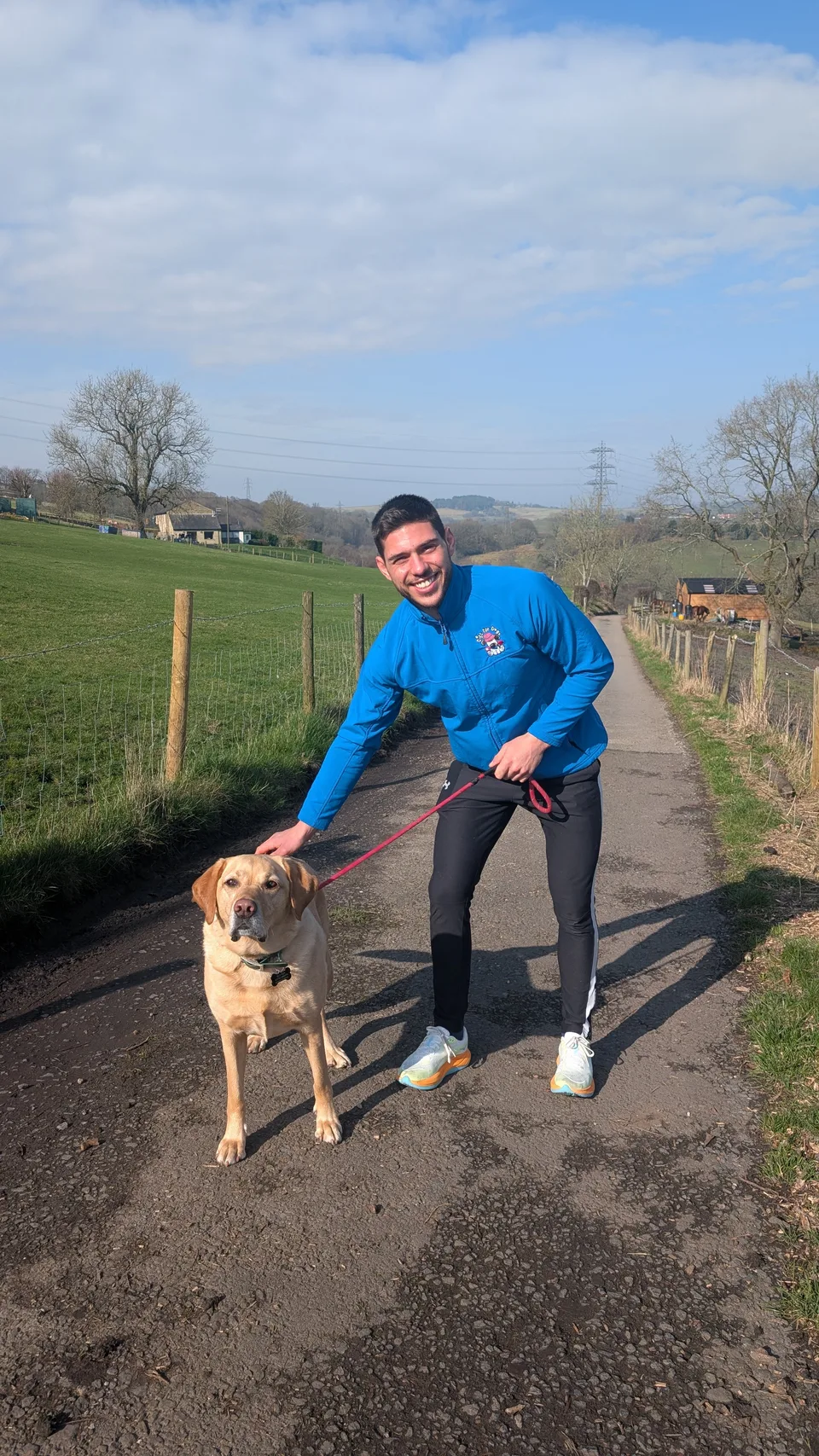 A Digs for Dogs walker with a golden Labrador on a countryside lane